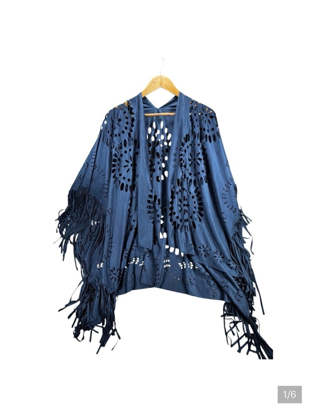 Raj Navy Vegan Suede Boho Poncho with Laser Cut out and Fringe